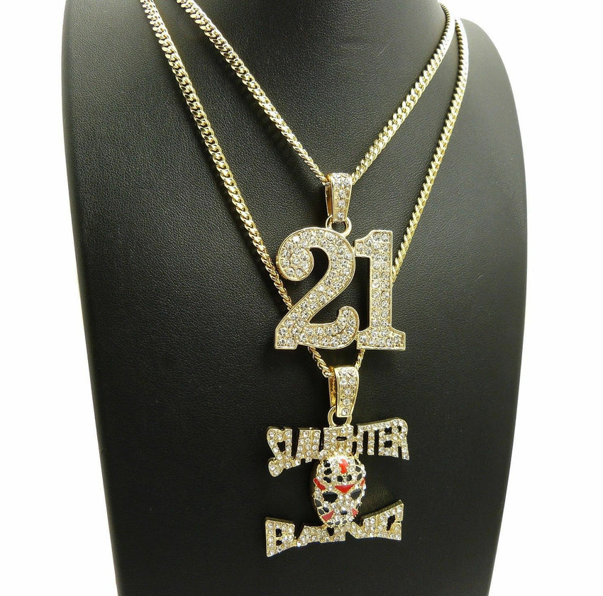 ICED OUT SAVAGE 21 & SLAUGHTER GANG PENDANT & CUBAN CHAINS HIP HOP NECKLACE SET