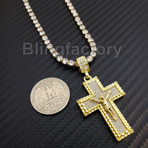 Hip Hop Iced Jesus Cross Pendant & 1 Row Diamond Tennis Choker Chain Necklace