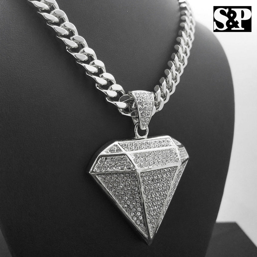 White Gold PT Big Diamond Shape Pendant & 10mm 30" Cuban Chain Hip Hop Necklace