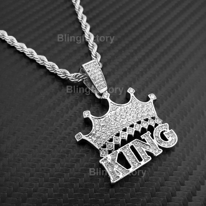 Hip Hop Iced Lab Diamond CROWNED KING Pendant & 4mm 24" Rope Chain Necklace
