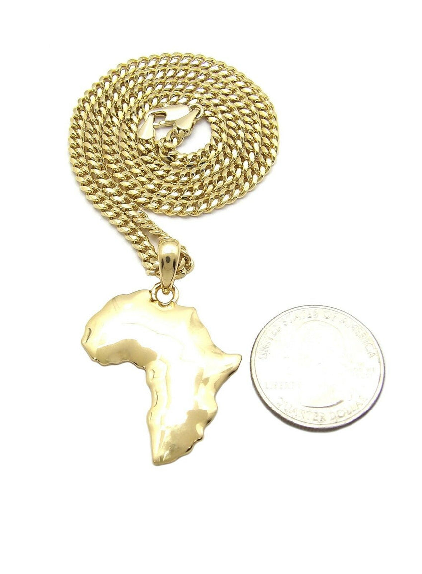 Bling Gold PT Africa Map Pendant & 24" Box, Cuban, Rope Chain Hip Hop Necklace