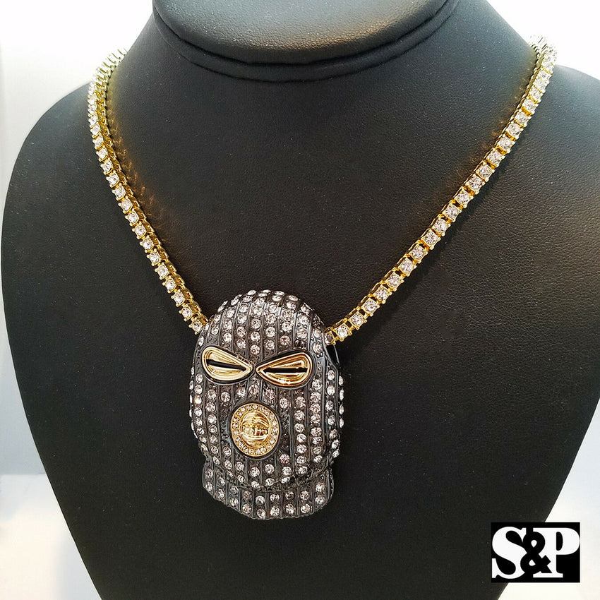 Mens Hip Hop Gun Metal Black Goon Mask Pendant & 1 Row 18" Tennis Chain Necklace