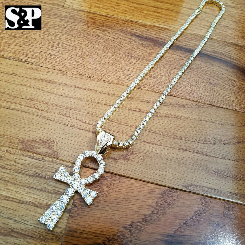 New Hip Hop Ankh Pendant & 18" Full Iced 1 ROW DIAMOND Tennis Choker Chain Set