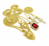 Hip Hop Iced Out Ankh, Cross, Red Ruby, Angel, Lion Head Pendant 5 Necklace Set