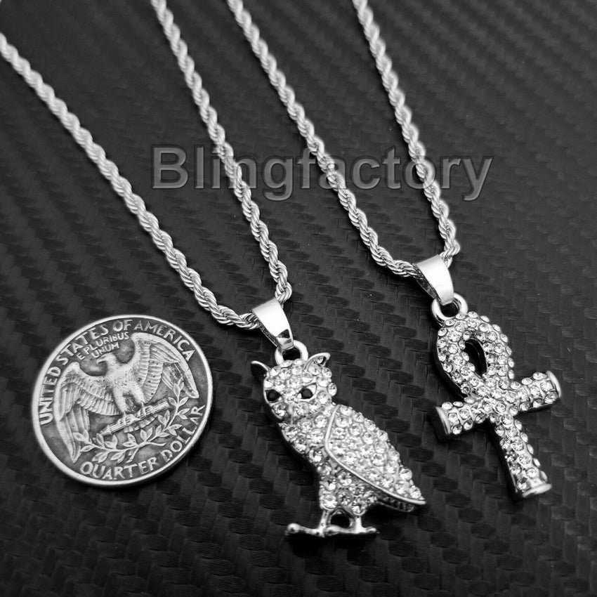 Hip Hop Iced out Mini Owl & Ankh Cross Pendant & 3mm 24" Rope Chain Necklace Set