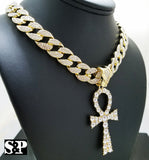Hip Hop Egyptian Ankh Pendant & 15mm 18" Iced Out Cuban Choker Chain Necklace