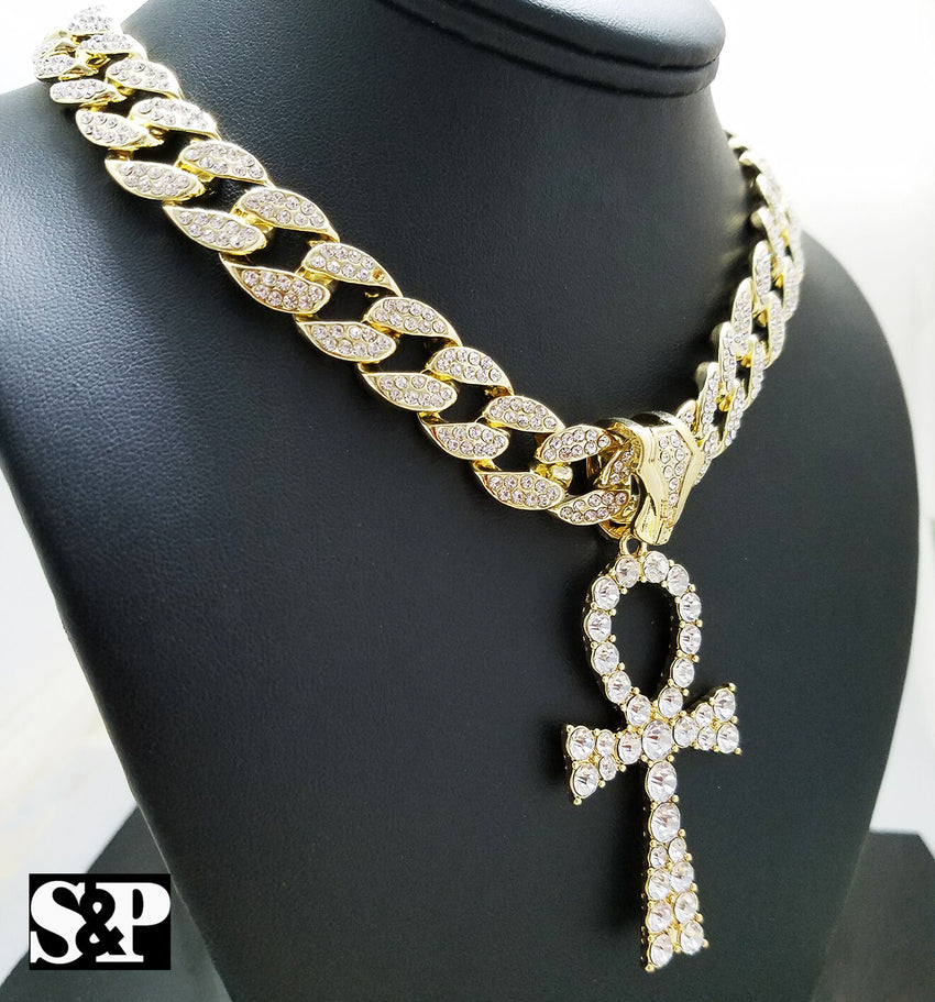 Hip Hop Egyptian Ankh Pendant & 15mm 18" Iced Out Cuban Choker Chain Necklace