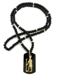 Hip Hop Iced out Egyptian Heru & Dog Tag Pendant w/ 6mm 30" Wooden Bead Necklace