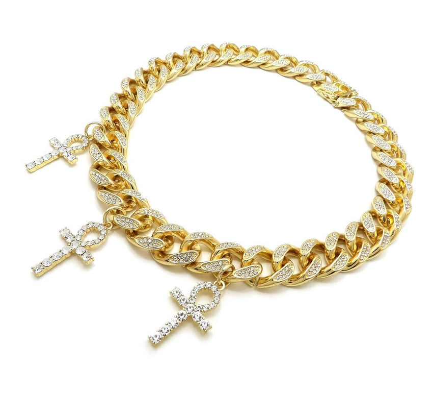 Hip Hop Iced Triple Ankh Cross Pendant & 18" Full Iced Cuban Choker Chain Necklace