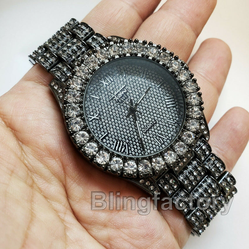 Men's Hip Hop Iced Rapper Bling BIG Simulated Diamond Black Metal Band Watch