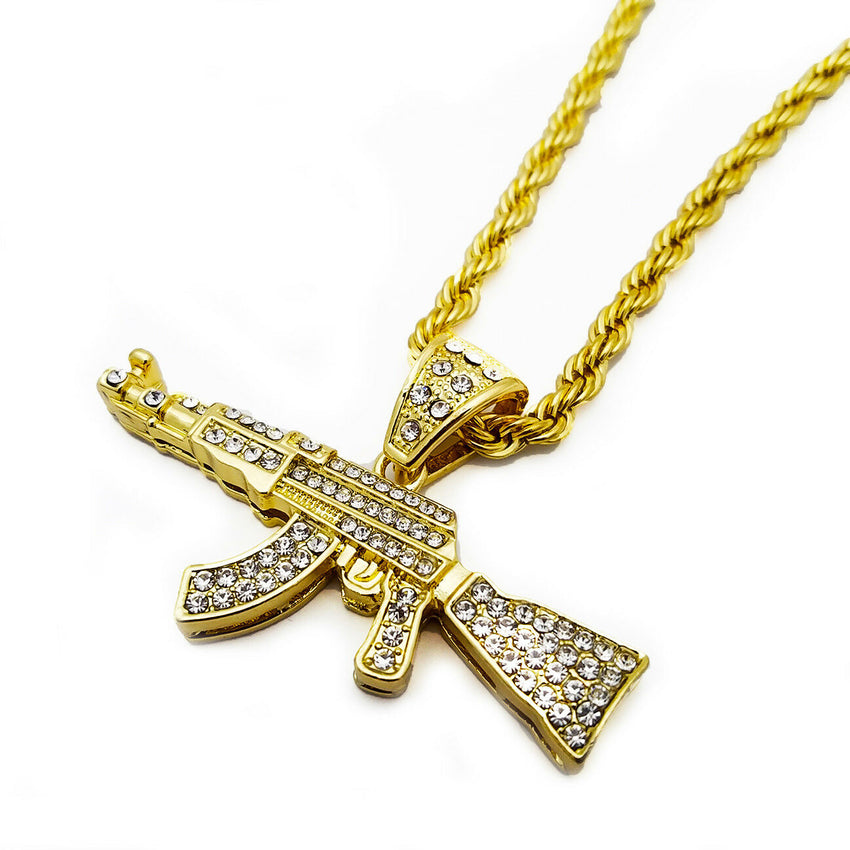 Hip Hop Iced Out Large AK47 Machine Gun Pendant & 5mm 30" Rope Chain Necklace