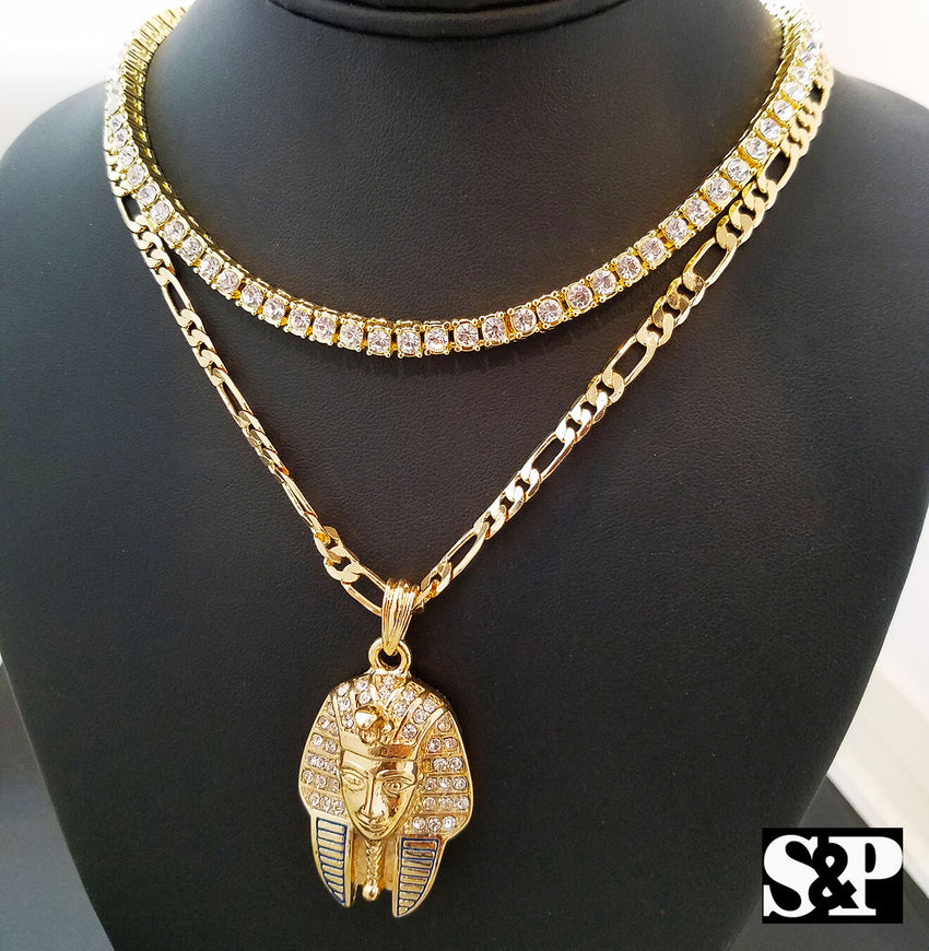 Hip Hop Quavo Choker 16" 1 ROW DIAMOND TENNIS CHAIN & Pharaoh King Necklace Set