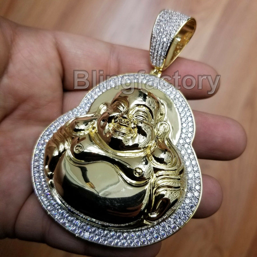 HIP HOP BLING ICED GOLD PT BRASS MICRO PAVE LARGE HAPPY BUDDHA PENDANT