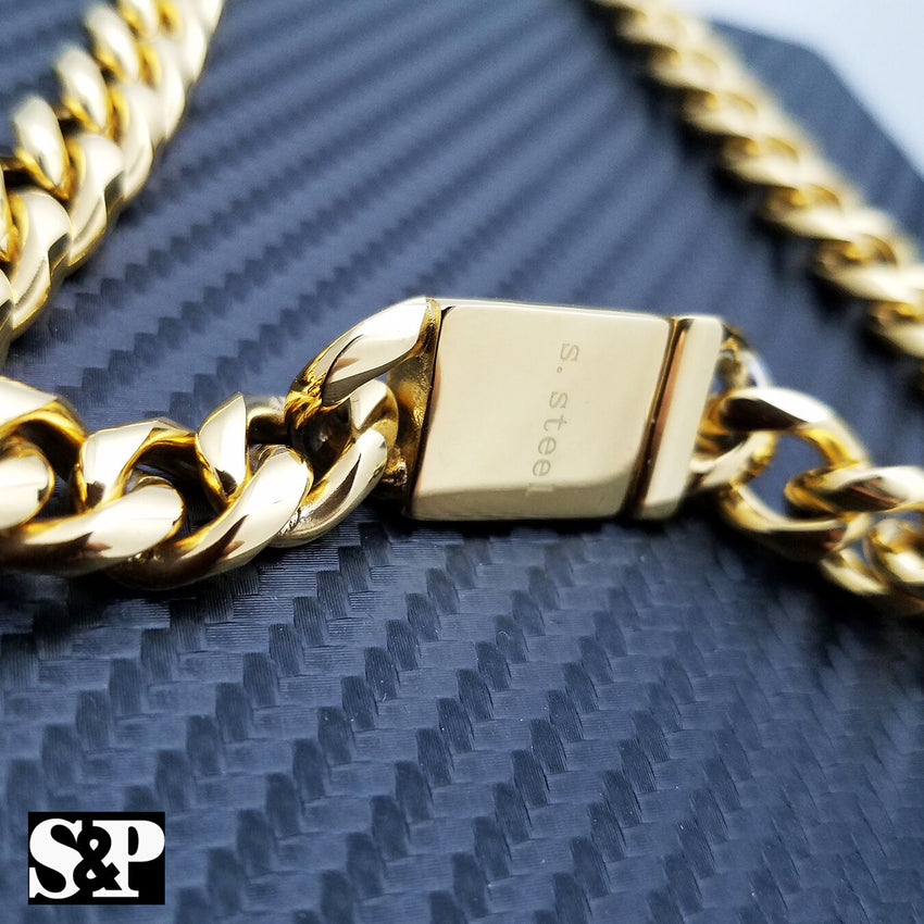 Men Gold Finish Stainless Steel Special Lock 10mm 24", 30 Cuban Chain Necklace