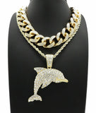 Hip Hop Iced Young Dolph Dolphin Necklace & 18" Full Iced Cuban Choker Chain Necklace set