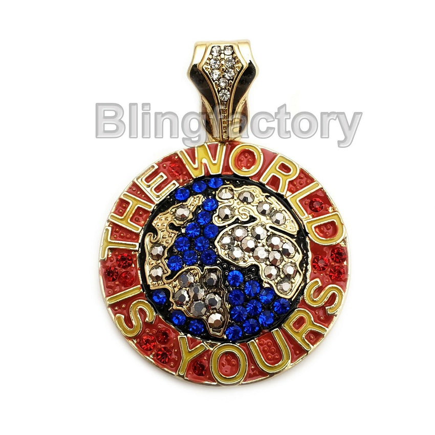 Hip Hop Iced The World is Yours Pendant & 18" 1 Row Tennis Choker Chain Necklace