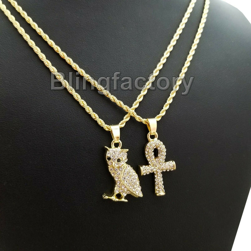 Hip Hop Iced Mini Owl & Ankh Cross Pendant & 3mm 24" Rope Chain Necklace Set