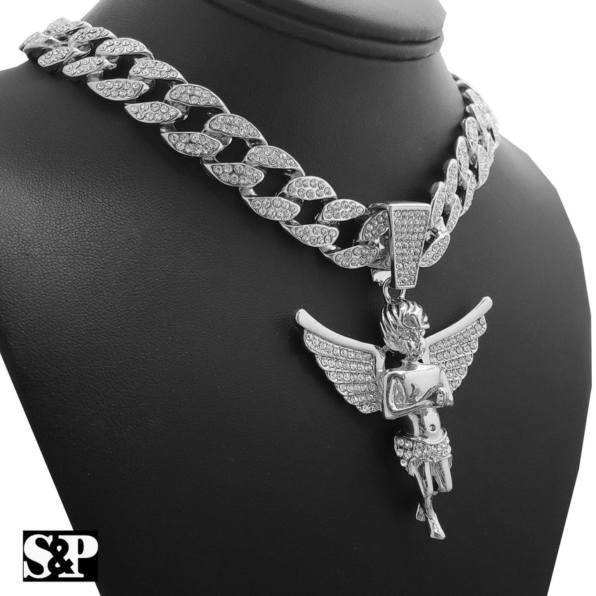 Hip Hop Bling Baby Angel w/ 18" Full Iced Cuban & 1 ROW DIAMOND Choker Chain Necklace Set