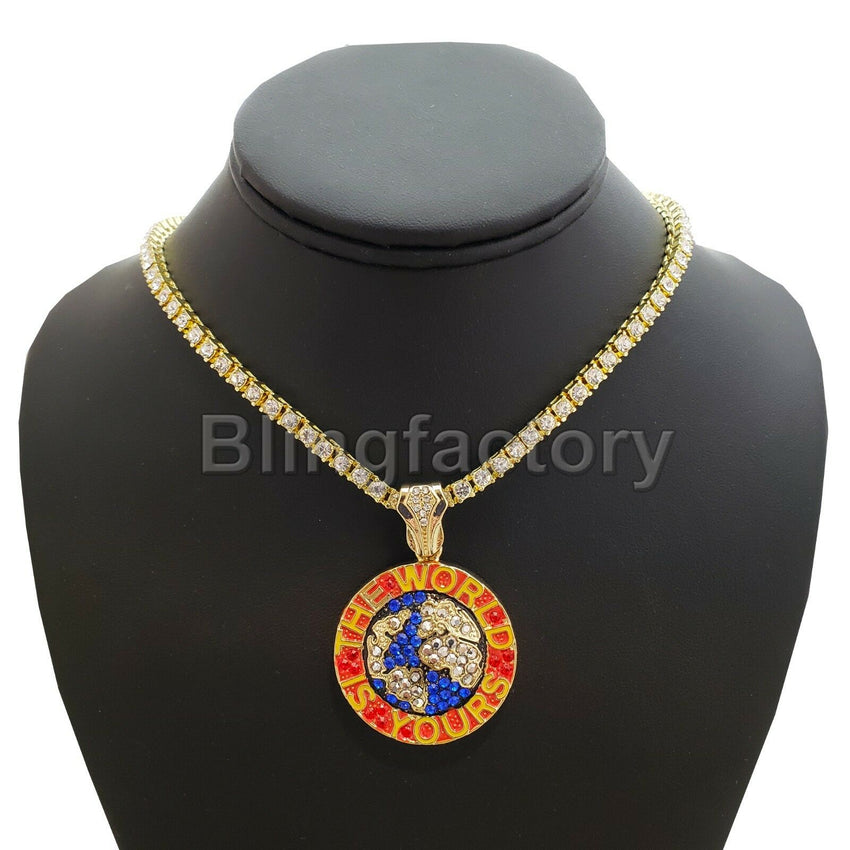 Hip Hop Iced The World is Yours Pendant & 18" 1 Row Tennis Choker Chain Necklace