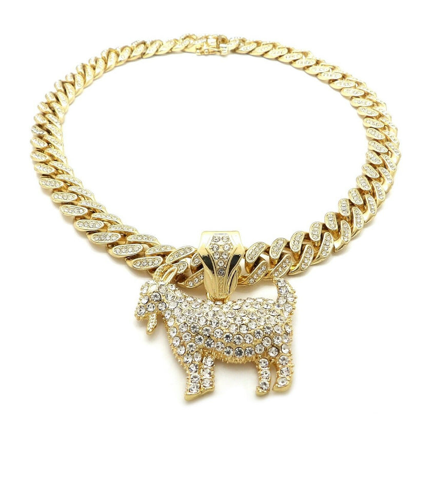 Hip Hop GOAT Pendant & 12mm 20" Iced out Box Lock Cuban Choker Chain Necklace