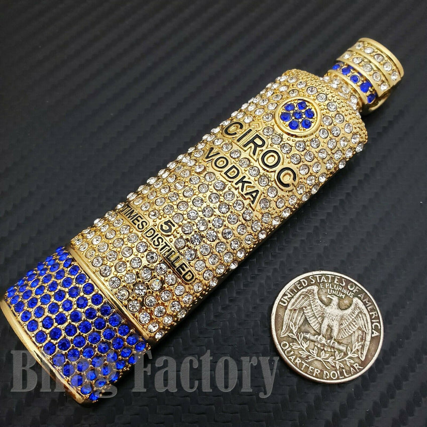 HIP HOP ICED OUT GOLD PLATED LAB DIAMOND CIROC VODKA BOTTLE LARGE PENDANT