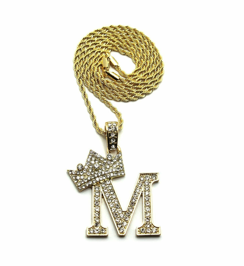Iced Crowned Alphabet M Pendant & 24" Rope / Box / Cuban Chain Hip Hop Necklace
