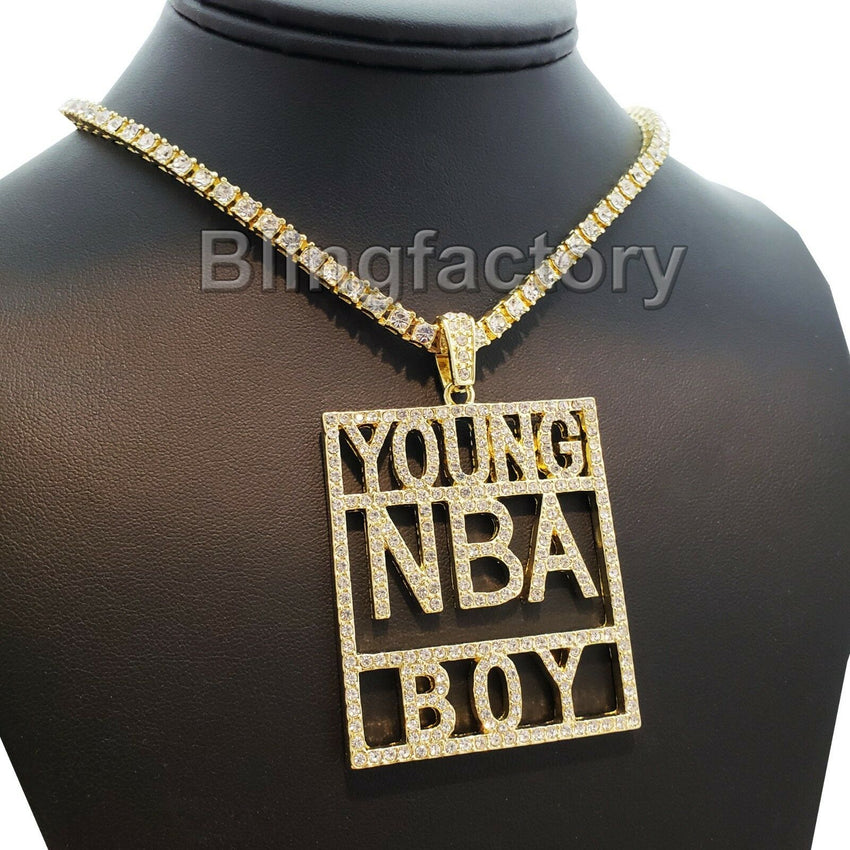 Hip Hop YOUNG NBA BOY Pendant & 18" 1 Row Lab Diamond Tennis Choker Necklace