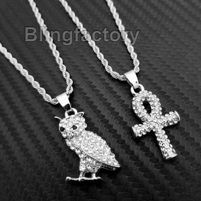 Hip Hop Iced out Mini Owl & Ankh Cross Pendant & 3mm 24" Rope Chain Necklace Set