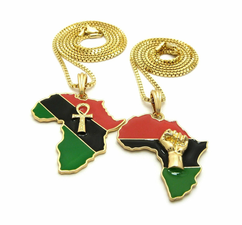 New Fist & Ankh in Africa Pendant w/ 24",30" Box Chain Hip Hop 2 Necklace Set
