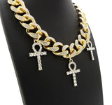 Hip Hop Iced Triple Ankh Cross Pendant & 18" Full Iced Cuban Choker Chain Necklace