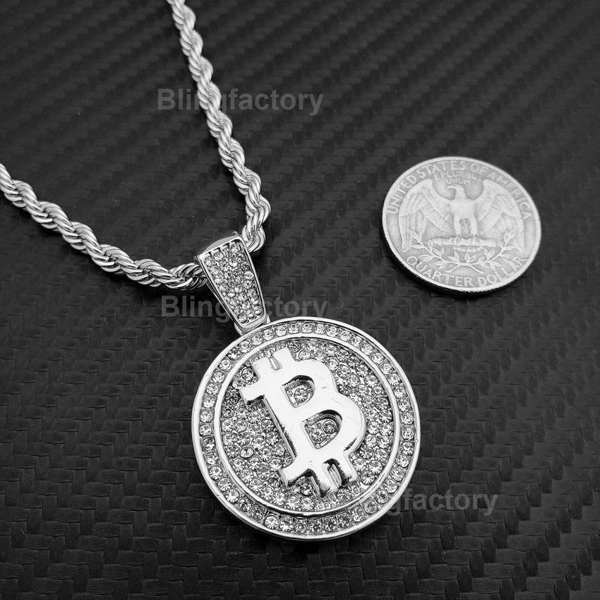 Hip Hop Iced out digital currency Bit Coin Pendant & 4mm 24" Rope Chain Necklace