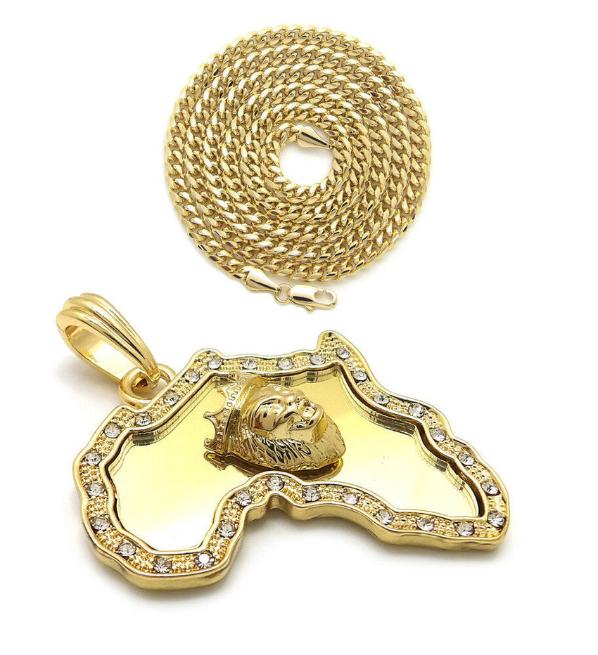 Iced Out Africa Lion King Pendant & 24" Box, Cuban, Rope Chain Hip Hop Necklace