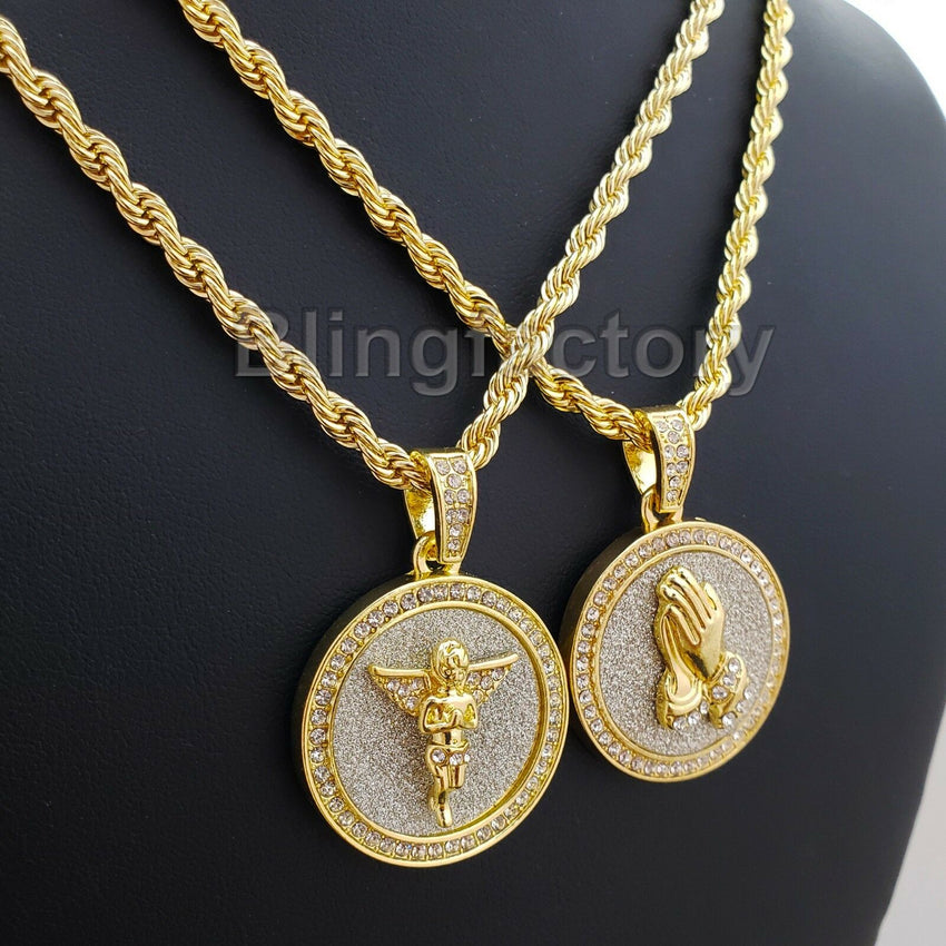 Hip Hop Iced Baby Angel & Praying Hands Pendant & 24" Rope Chain Necklace