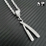 Iced out Fashion Barber Shop Razor Blade Pendant & 4mm 24" Rope Chain Necklace