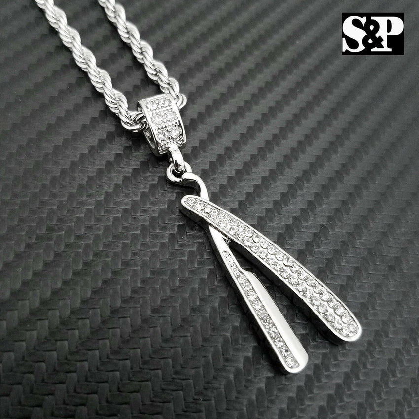 Iced out Fashion Barber Shop Razor Blade Pendant & 4mm 24" Rope Chain Necklace