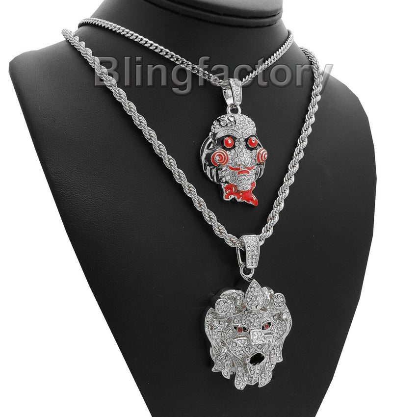 Iced out Saw Inspired & Lion Head Pendant & 24" 30" Rope, Cuban Chain Necklace