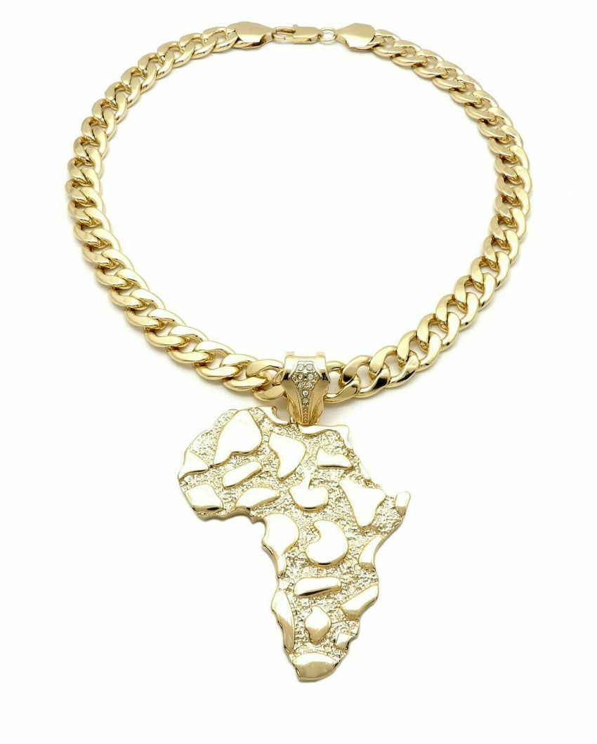 Hip Hop Golden Nugget Africa Map Pendant & 11mm 20" Cuban Choker Chain Necklace