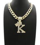 Hip Hop Crowned Alphabet Initial Pendant & 11mm 20" Cuban Choker Chain Necklace
