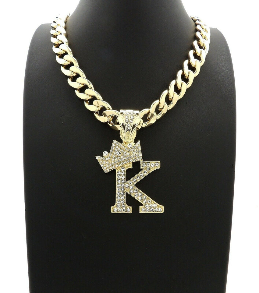 Hip Hop Crowned Alphabet Initial Pendant & 11mm 20" Cuban Choker Chain Necklace