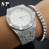 MEN'S HIP HOP WHITE GOLD PT LUXURY WATCH & 1 ROW TENNIS BRACELET COMBO GIFT SET