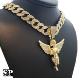 Hip Hop Bling Gold PT Baby Angel Pendant & 18" Full Iced Cuban Choker Chain Necklace