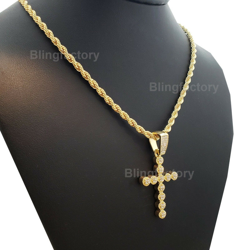 Hip Hop Iced out Bubble style Cross Pendant & 4mm 24" Rope Chain Necklace