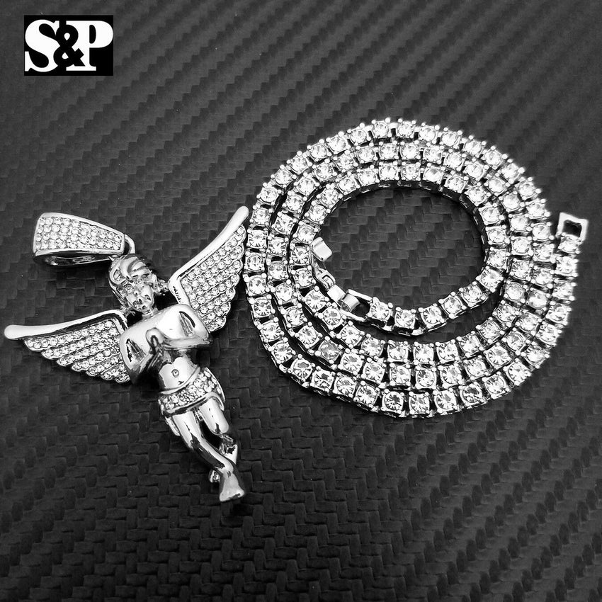 Hip Hop Baby Angel Pendant & 18" Full Iced 1 ROW DIAMOND Tennis Choker Chain Necklace