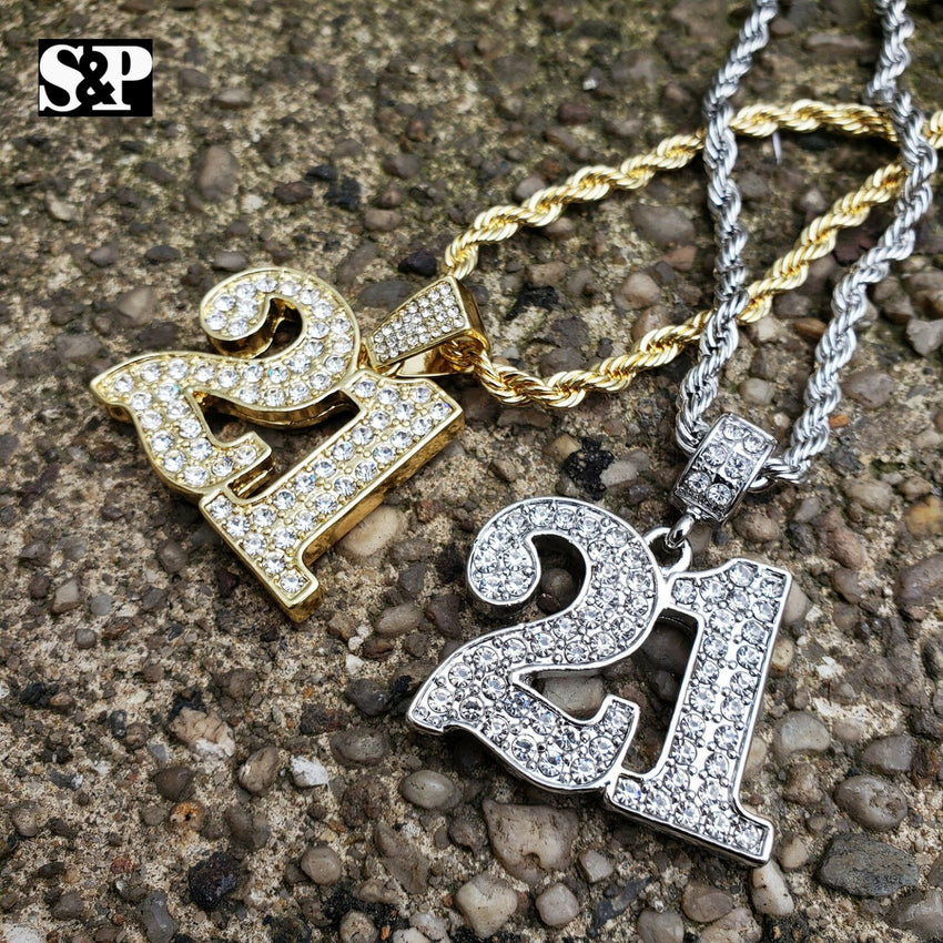 Hip Hop Iced out Lab Diamonds Savage 21 Pendant & 4mm 24" Rope Chain Necklace