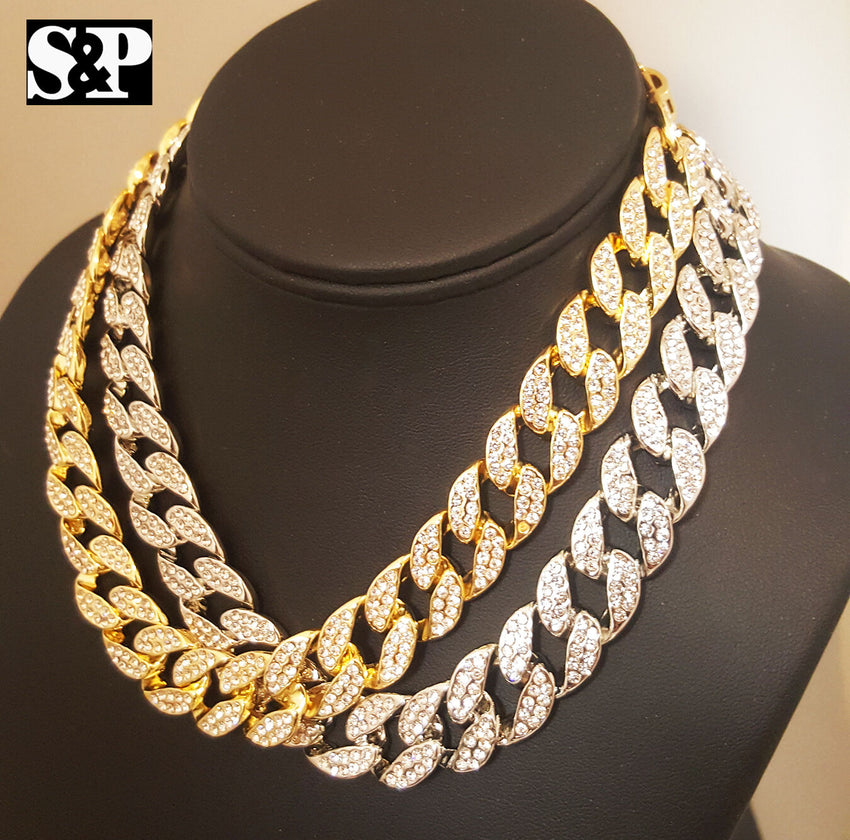 Hip Hop Men Quavo Iced 15mm 16" Miami Cuban Choker 2 Chains Necklace Set