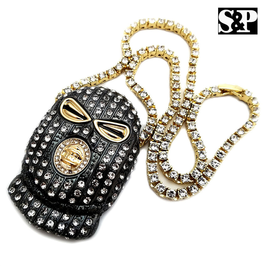 Mens Hip Hop Gun Metal Black Goon Mask Pendant & 1 Row 18" Tennis Chain Necklace