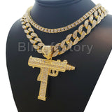 Hip Hop Uzi Machine Gun w/ 18" Full Iced Cuban & 1 Row Tennis Choker Chain Necklace Set