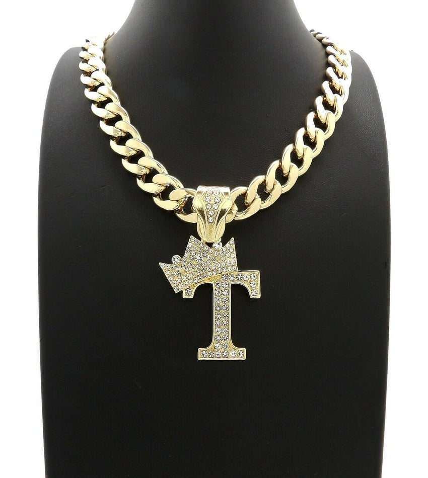 Hip Hop Crowned Alphabet Initial Pendant & 11mm 18" Cuban Choker Chain Necklace
