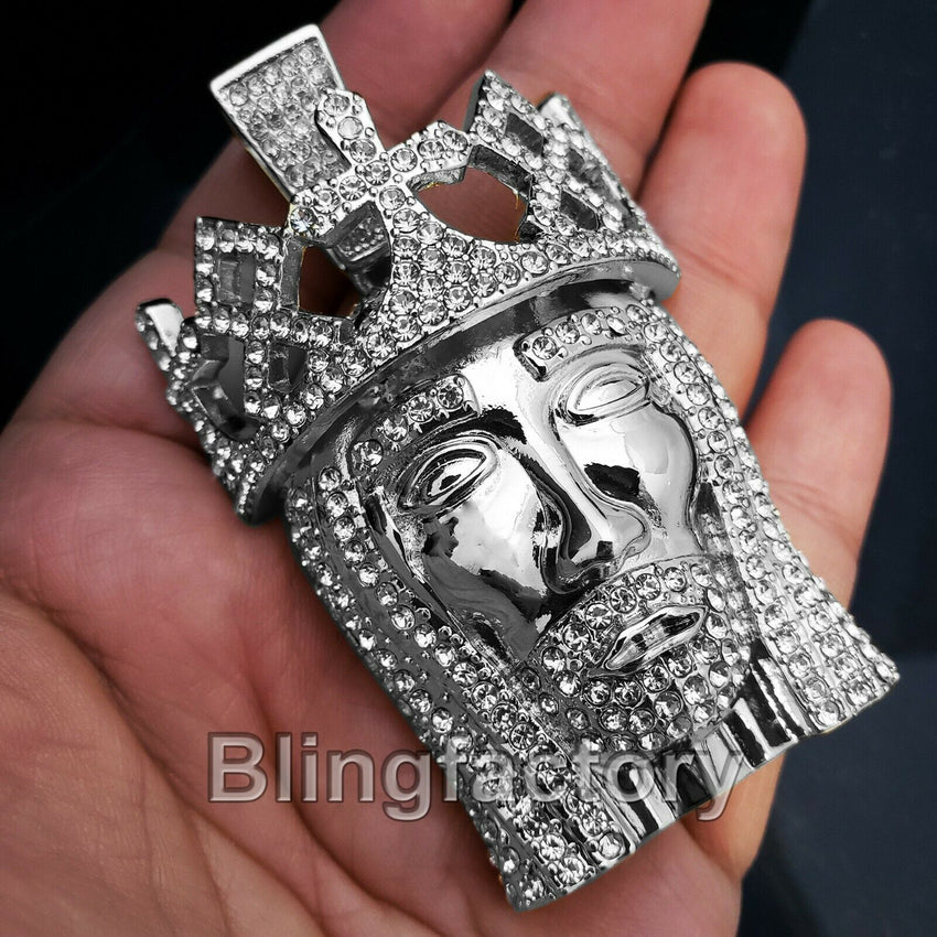 HIP HOP ICED SILVER PLATED BLING LAB DIAMOND LARGE KING JESUS HEAD PENDANT