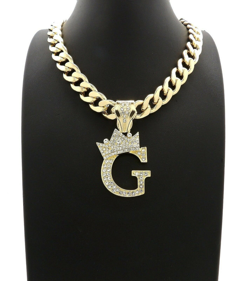 Hip Hop Crowned Alphabet Initial Pendant & 11mm 20" Cuban Choker Chain Necklace